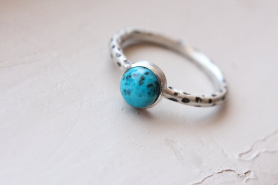 Simple Chrysocolla Silver Stacking Ring Blue Green Teal Cabochon Gemstone Oxidized Dotted Pattern Cute Gift Idea For Her - Empyrean Leopard