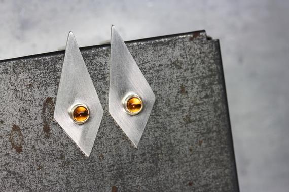 Geometric Citrine Stud Earrings Modern Silver Gold Long Triangle Tiny Golden Orange Gemstone Cabochons November Birthstone - Modernist Glow