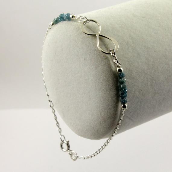 Infinity Bracelet With Rough Diamonds - Mother's Day Gift - Rare Blue Raw Rough Diamond Bracelet In Sterling Silver - Figure 8 Charm
