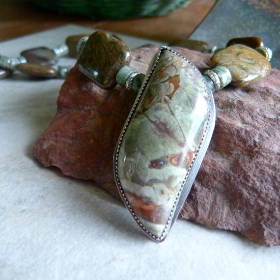 Earthy Green Spiderweb Jasper Pendant, Snakeskin Jasper, Rainforest Jasper And Hill Tribe Silver Artisan Necklace