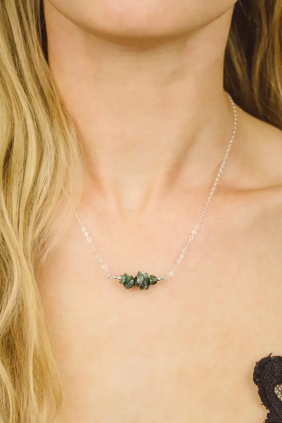 Emerald Necklace - Precious Gemstone Bar Necklace - Tiny Emerald Bead Bar Necklace - Genuine Emerald Necklace - May Birthstone Necklace