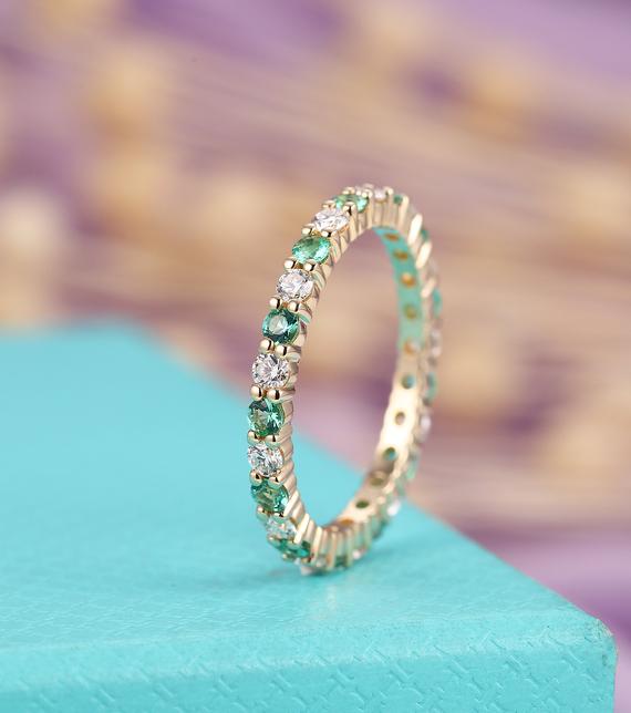 Emerald Wedding Band Women Diamond Moissanite Full Eternity Ring Micro Pave Dainty Stacking Matching Ring Anniversary Promise Ring