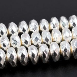 Shop Hematite Faceted Beads! 7x4MM 18k White Gold Tone Hematite Beads Grade AAA Natural Gemstone Faceted Rondelle Loose Beads 15.5" / 7.5" Bulk Lot Options (106955) | Natural genuine faceted Hematite beads for beading and jewelry making.  #jewelry #beads #beadedjewelry #diyjewelry #jewelrymaking #beadstore #beading #affiliate #ad