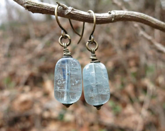 Blue Kyanite Dangle Earrings, Simple Rustic Dainty Blue Kyanite Crystal Earrings With Antiqued Brass