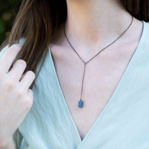 Shop Kyanite Necklaces! Rough blue kyanite crystal lariat necklace in gold, silver, bronze or rose gold. Adjustable 16" long with 2-inch long extender | Natural genuine Kyanite necklaces. Buy crystal jewelry, handmade handcrafted artisan jewelry for women.  Unique handmade gift ideas. #jewelry #beadednecklaces #beadedjewelry #gift #shopping #handmadejewelry #fashion #style #product #necklaces #affiliate #ad
