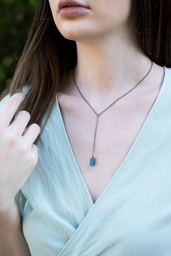 Rough Blue Kyanite Crystal Lariat Necklace In Gold, Silver, Bronze Or Rose Gold. Adjustable 16" Long With 2-inch Long Extender