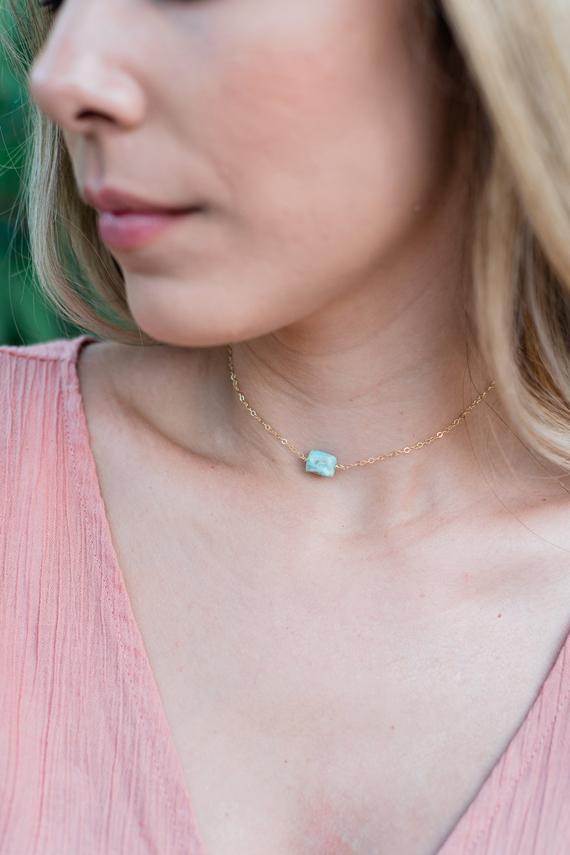 Tiny Raw Light Blue Larimar Crystal Nugget Choker Necklace In Gold, Silver, Bronze Or Rose Gold - Adjustable Length. Handmade To Order