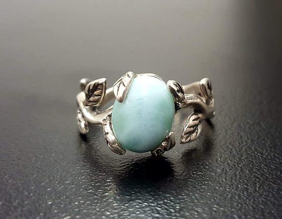Blue Flower Ring, Natural Larimar, Silver Leaf Ring, Artisan Rose Ring, Dainty Ring, Blue Vintage Ring, March Birthstone, Jewel Of Atlantis