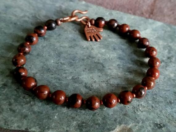 Mahogany Obsidian Bead Bracelet With Copper Clasp. Choice Of 6mm Or 8mm Beads. Mens Womens Brown & Black Natural Stone Bracelet. All Sizes.