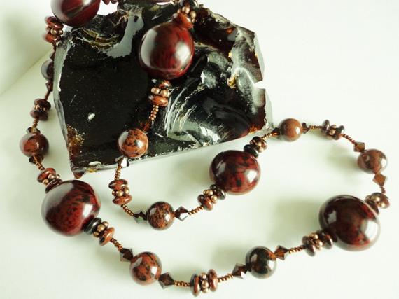 Mahogany Obsidian Necklace,  Mahogany Gemstone Beads Necklace, Dark Brown Natural Bibokao Seeds Beads, Ooak Handcrafted Jewelry Gift For Her