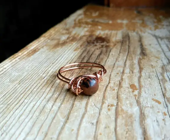 Mahogany Obsidian Ring, Copper Wire Ring, Crystal Ring, Wire Wrapped Mahogany Obsidian Ring, Copper Wire Wrapped Ring With Gemstone