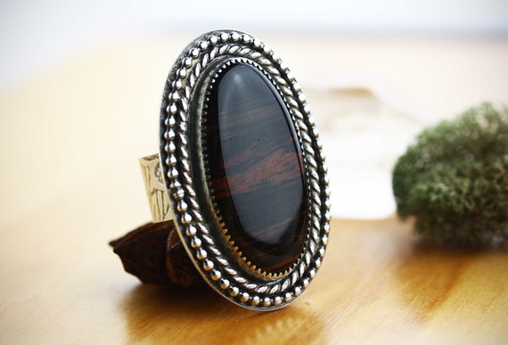 River Styx | Mahogany Obsidian Sterling Silver Ring With Wide Band | Artisan Made Obsidian Gemstone Statement Ring | Us Size 8