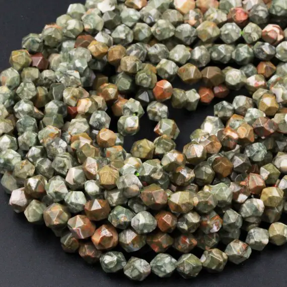 Natural Rainforest Rhyolite Jasper Faceted 8mm 10mm Beads Star Cut Geometric Facets 15.5" Strand