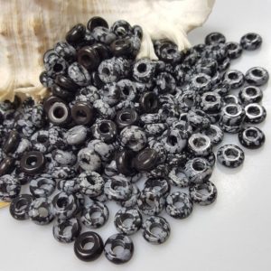 Natural Snowflake Obsidian Large Hole Rondelle Beads, 10.5×4.5mm, Hole: 4mm – Select 6 or 12 Pieces | Natural genuine rondelle Snowflake Obsidian beads for beading and jewelry making.  #jewelry #beads #beadedjewelry #diyjewelry #jewelrymaking #beadstore #beading #affiliate #ad