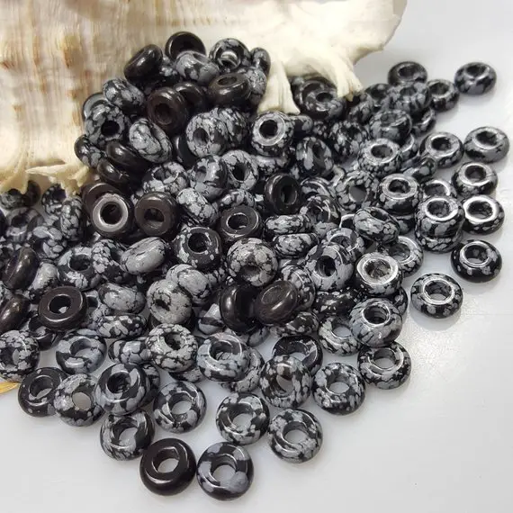Natural Snowflake Obsidian Large Hole Rondelle Beads, 10.5x4.5mm, Hole: 4mm - Select 6 Or 12 Pieces
