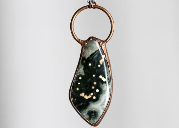 Ocean Jasper Necklace - Green Orbicular Jasper - Collector Stone - Gift For Rock Hound - Freeform Cabochon