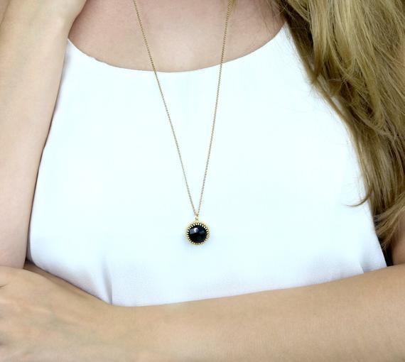 Long Necklace · Gold Necklace · Pendant Necklace · Black Onyx Necklace · Round Pendant · Long Chain · Gold Chain Necklace