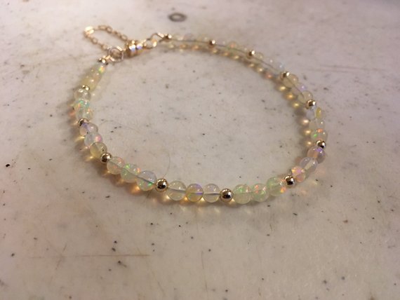 Opal Bracelet - Ethiopian Opal Jewelry - 14k Gold Safety Chain Jewellery - Iridescent - Beaded - Luxe