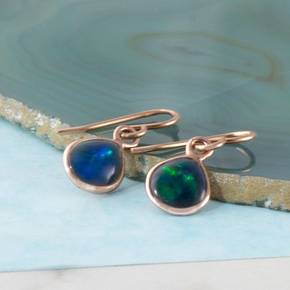 Rose Gold Opal Earrings-rose Gold Drop Earrings-black Opal Earrings-opal Gemstone-october Birthstone-gift For Her-gemstone Jewelry-rose Gold