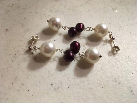 Pearl Earrings - White And Maroon Jewelry - Sterling Silver Jewellery - Dangle - Luxe - Fashion - Gemstone