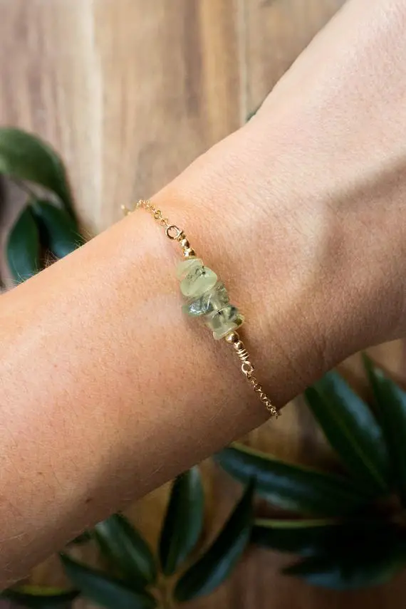 Prehnite Bead Bar Crystal Bracelet In Bronze, Silver, Gold Or Rose Gold - 6" Chain With 2" Adjustable Extender