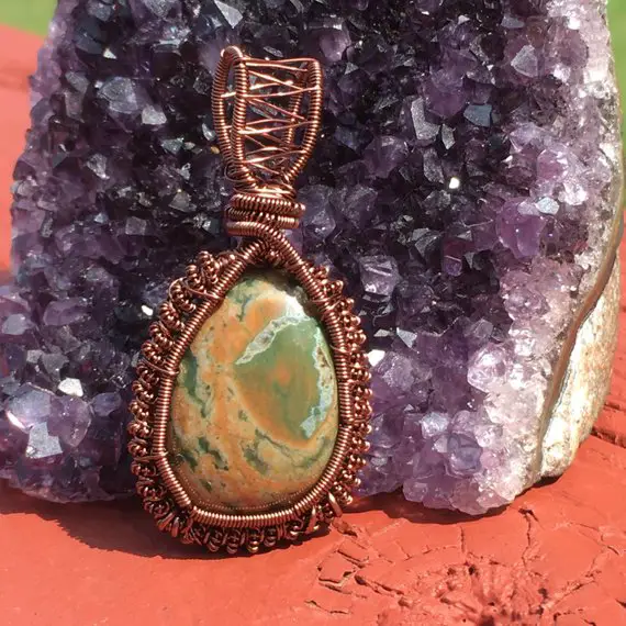 Rainforest Rhyolite Wire Wrapped Pendant, Rhyolite Wire Wrap, Wire Wrapped Rhyolite, Rhyolite Pendant, Rhyolite Necklace, Rhyolite Jasper