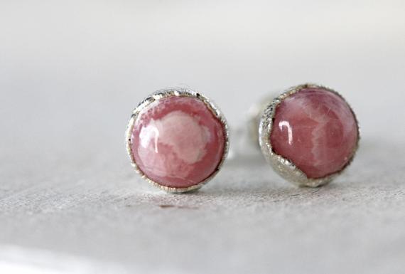 Rhodochrosite Earrings - Sterling Silver Posts - Pink Stone Studs - Sterling Silver Stud Earrings