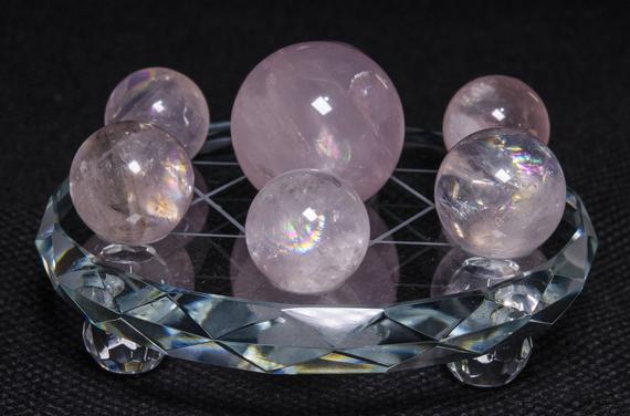 Natural Seven Rainbow Rose Quartz Spheres Set With Base/flower Of Life Sacred Geometry/meditation/lucky Stone/feng Shui/chakra/-1set-#4283