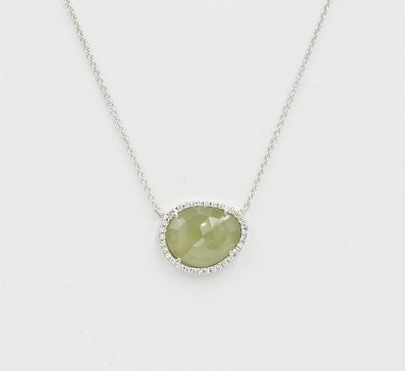 14k 4.3ct Green Sapphire Diamond Halo Necklace / Natural Green Sapphire Necklace / Diamond Halo Necklace / Sapphire Pendant / Yellow Gold