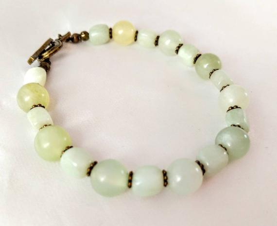 Bold, Deco-style "sea Jade" Bracelet. Luminous, Mint Green Serpentine Gemstone Jewelry With Bronze Accents. Chunky, Bold, Geometric Design.