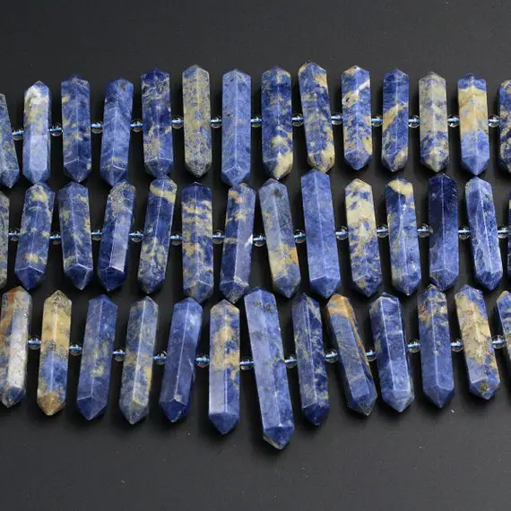 Large Natural Denim Blue Sodalite Beads Faceted Double Terminated Points Center Drilled Focal Pendants 15.5" Strand