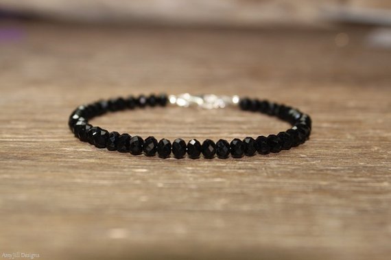 Black Spinel Bracelet, Faceted Beads, Black Spinel Jewelry, Sterling Silver, Minimalist, Layering Bracelet