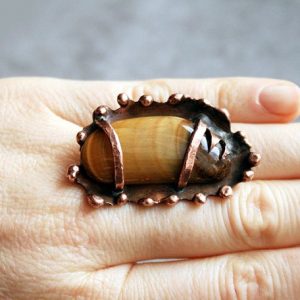 copper ring, tiger eye ring, statement ring, adjustable ring, gemstone ring, copper band, natural ring, natural gemstone, raw ring, | Natural genuine Tiger Eye rings, simple unique handcrafted gemstone rings. #rings #jewelry #shopping #gift #handmade #fashion #style #affiliate #ad
