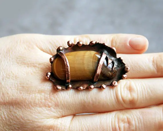 Copper Ring, Tiger Eye Ring, Statement Ring, Adjustable Ring, Gemstone Ring, Copper Band, Natural Ring, Natural Gemstone, Raw Ring,
