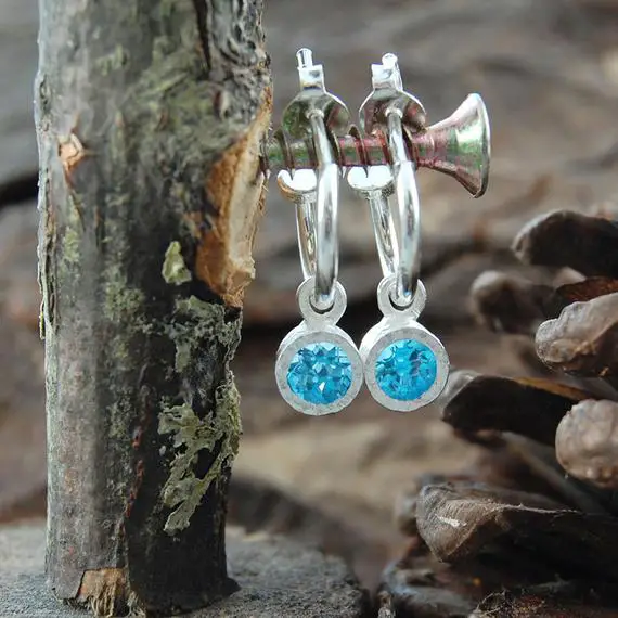 Blue Topaz November Birthstone Earrings, Hoop Earrings With Charm, Silver Huggie Earrings, Gemstone Hoop Earrings