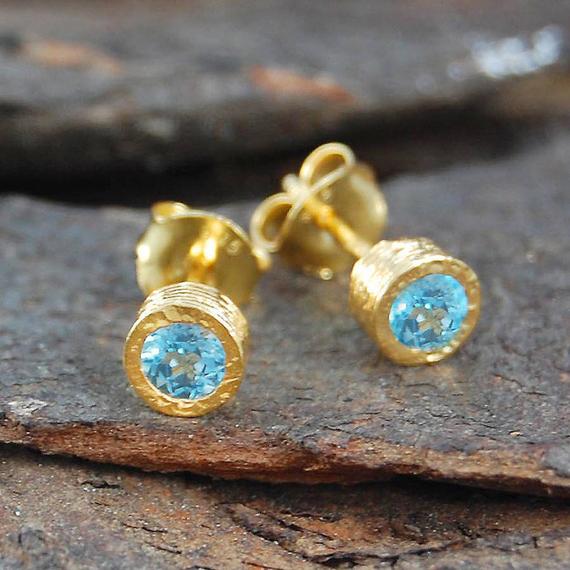 Blue Topaz Gold Stud Earrings Topaz Studs Sterling Silver Stud Earrings Gifts For Girlfriend Gemstone Earrings Anniversary Gifts
