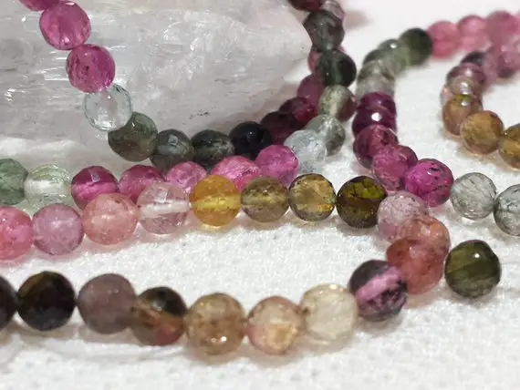 Natural Tourmaline Beads, Multi Color Tourmaline Beads, 4mm Micro Faceted Round Tourmaline Beads, Pink, Green, Black, All Full Strand