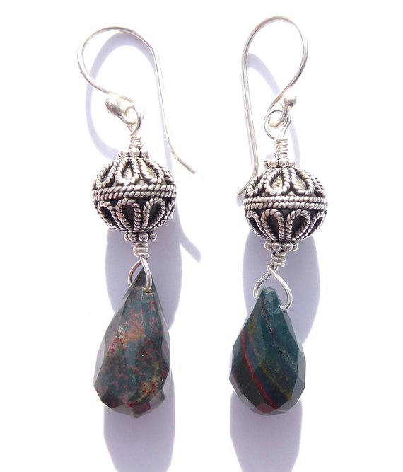 Wire-wrapped Rainforest Jasper Earrings With Sterling Bali Beads