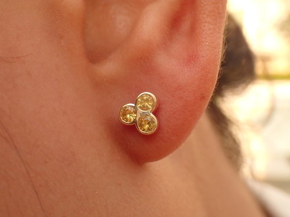 Yellow Sapphires Earrings / Tri Stone Earrings / 3mm Triple Stone Cluster Earrings / September Birthstone Earrings