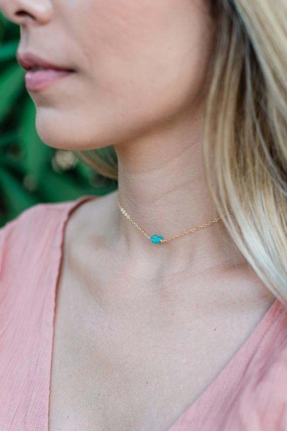 Tiny Raw Aqua Blue Apatite Crystal Nugget Choker Necklace In Gold, Silver, Bronze Or Rose Gold - Adjustable. Handmade To Order.