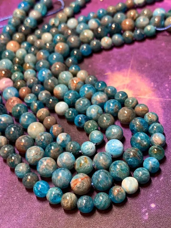 Natural Rustic Neon Blue Apatite Round  Beads / Teal Gemstone Beads Sea Ocean Blue Gemstone Beads
