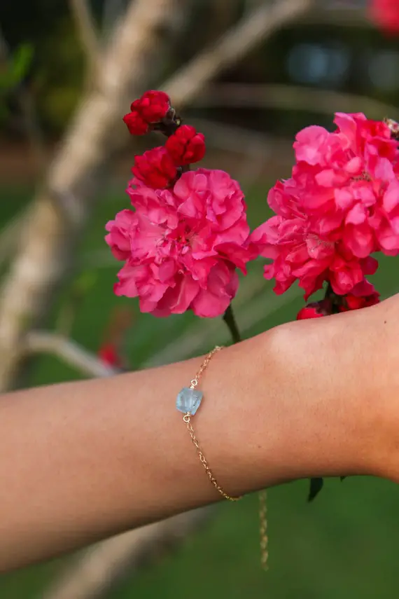 Raw Aquamarine Crystal Bracelet In Gold, Silver, Bronze, Or Rose Gold - 6" Chain With 2" Adjustable Extender - March Birthstone