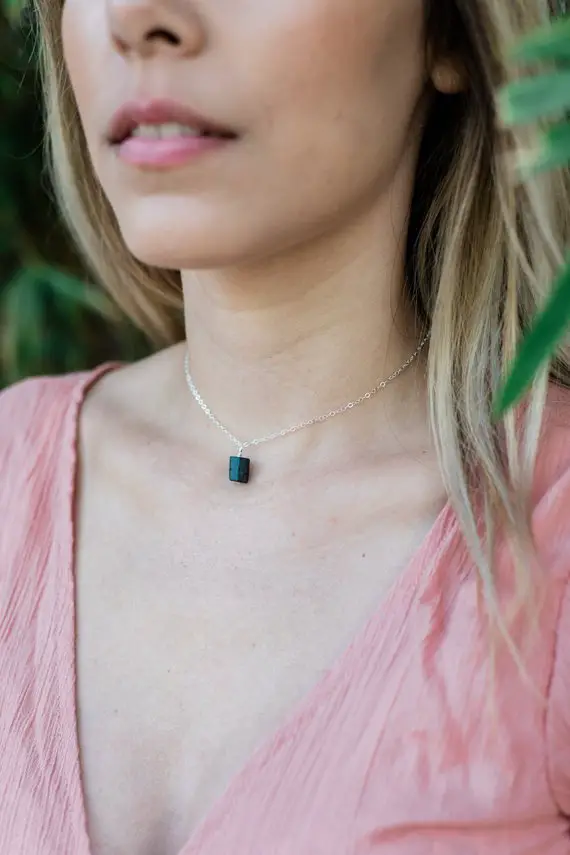 Tiny Raw Black Tourmaline Gemstone Pendant Choker Necklace In Gold, Silver, Bronze Or Rose Gold. October Birthstone Necklace