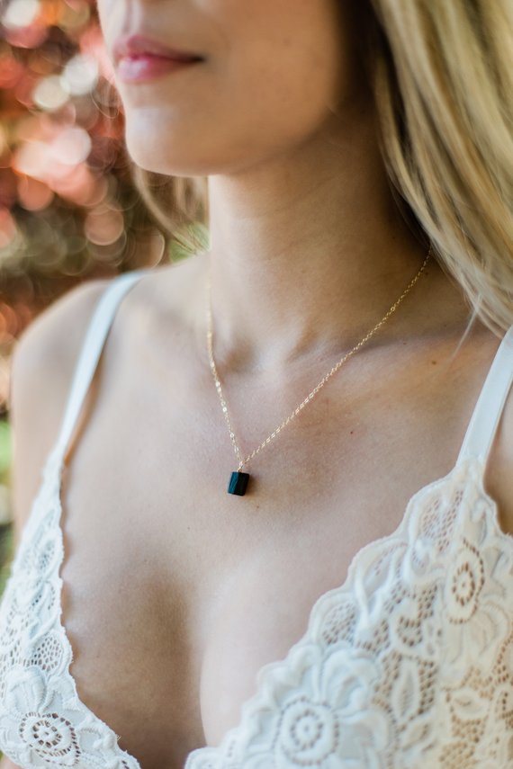 Tiny Raw Black Tourmaline Gemstone Pendant Necklace In Gold, Silver, Bronze Or Rose Gold - October Birthstone Necklace