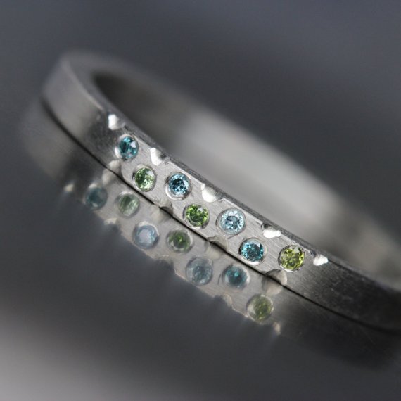 Women's Platinum Green Blue Diamond Wedding Band Modern Underwater Ocean Romantic Luxurious Minimalistic Bridal Ring Hers - Mermaid Bubbles
