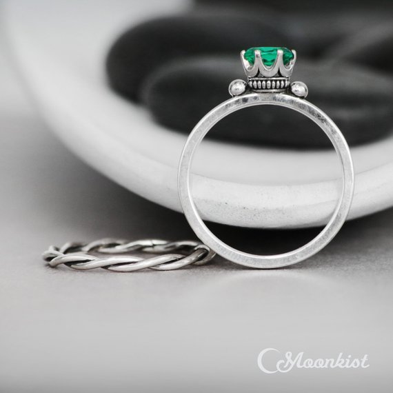 Size 8 Dainty Emerald Engagement Ring Set, Sterling Silver Emerald Wedding Ring Set, Celtic Crown Engagement & Twist Band | Moonkist Designs