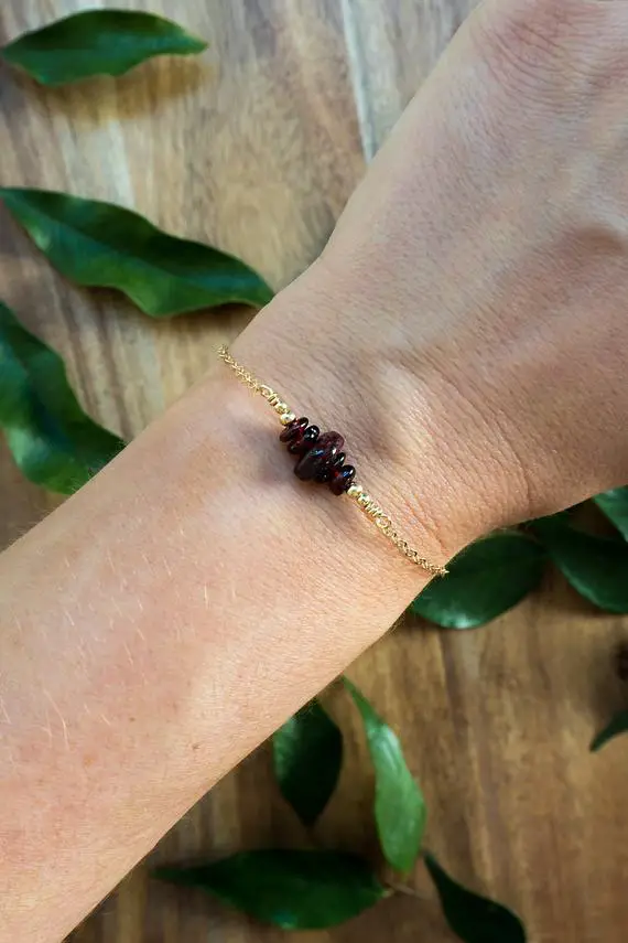 Garnet Bead Bar Crystal Bracelet In Bronze, Silver, Gold Or Rose Gold - 6" Chain With 2" Adjustable Extender - January Birthstone