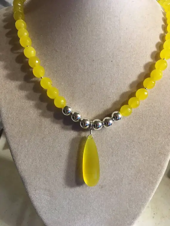 Yellow Necklace - Jade Jewelry - Sterling Silver Jewelry - Chalcedony Pendant - Luxe - Long