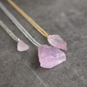 Raw Kunzite Necklace, Heart Chakra Healing Crystal Necklace, Gift for Her, Gift for Friend | Natural genuine Kunzite jewelry. Buy crystal jewelry, handmade handcrafted artisan jewelry for women.  Unique handmade gift ideas. #jewelry #beadedjewelry #beadedjewelry #gift #shopping #handmadejewelry #fashion #style #product #jewelry #affiliate #ad