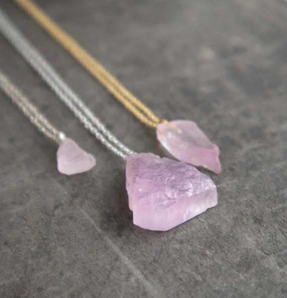 Raw Kunzite Necklace, Heart Chakra Healing Crystal Necklace, Gift For Her, Gift For Friend